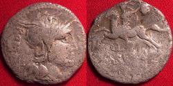 Ancient Coins - M SERGIUS SILUS AR silver denarius. 116 BC. Helmeted Roma, Horseman galloping left, holding sword & severed head