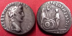 Ancient Coins - AUGUSTUS AR silver denarius. Caius & Lucius Caesars standing, shields & spears between, lituus and simpulum 'b9'