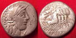 Ancient Coins - M FANNIUS AR silver denarius. 123 BC. Victory in quadriga, helmeted head of Roma.