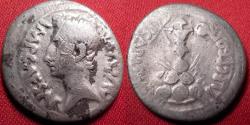 Ancient Coins - AUGUSTUS AR silver denarius. Trophy erected on heap of celtiberian arms. Struck at Emerita, SCARCE.