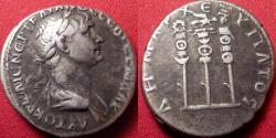 Ancient Coins - TRAJAN AR silver tridrachm. Caesarea, Cappadocia. Three standards, topped with eagle, hand, & wreath