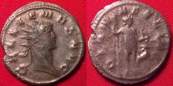 Ancient Coins - GALLIENUS AR silver antoninianus. Mediolanum. DIANA FELIX, Diana standing, holding long spear & bow, hound at her feet. Scarce.