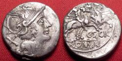 Ancient Coins - C SCRIBONIUS AR silver denarius. 154 BC. Roma / Dioscuri riding right.