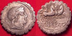 Ancient Coins - C NAEVIUS BALBUS AR silver serratus denarius. Victory in triga.
