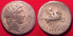Ancient Coins - P CREPUSIUS AR silver denarius. 82 BC. Horseman riding right, brandishing spear.