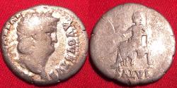 Ancient Coins - NERO AR silver denarius. Salus seated, holding patera.