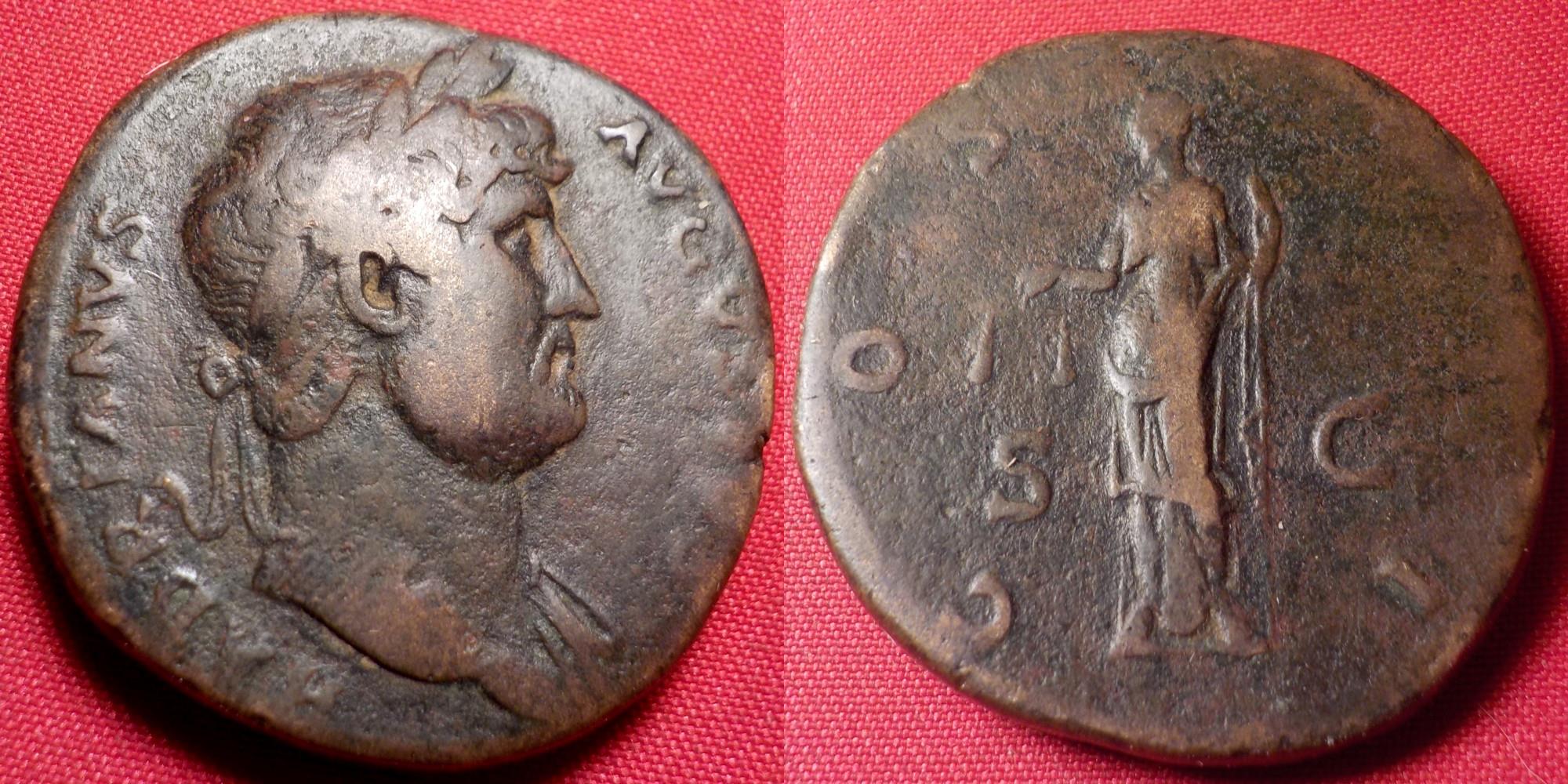 HADRIAN AE orichalcum sestertius. Aequitas standing, holding scales ...