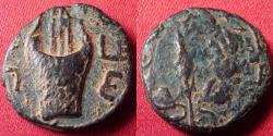 Ancient Coins - BAR KOCHBA REVOLT AE small bronze. Year 3. Palm branch within wreath / Elongated Lyre with 3 strings. Rare