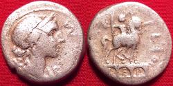 Ancient Coins - MANLIUS AEMILIUS LEPIDUS AR silver denarius. Laureate bust of Roma, Equestrian statue on triumphal arch or aqueduct.