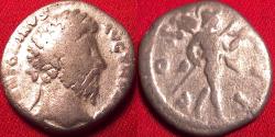 Ancient Coins - MARCUS AURELIUS AR silver denarius. COS III, Mars advancing, holding spear & trophy.