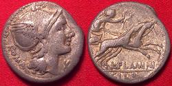 Ancient Coins - L FLAMINIUS CHILO AR silver denarius. Victory in biga, helmeted bust of Roma.