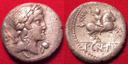 Ancient Coins - P CREPUSIUS AR silver denarius. 82 BC. Horseman riding right, brandishing spear.