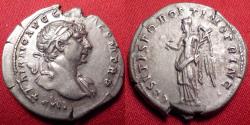 Ancient Coins - TRAJAN AR silver denarius. Victoria standing, holding wreath & palm