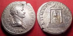 Ancient Coins - TRAJAN AR silver tridrachm. Caesarea, Cappadocia. Distyle temple, Pergaean Artemis within