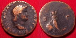 Ancient Coins - NERO AE as. Lugdunum, 66 AD. Victory advancing, carrying inscribed shield