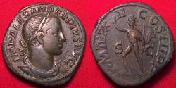 Ancient Coins - SEVERUS ALEXANDER AE orichalcum sestertius. Sol standing, raising hand and holding whip. 233 AD.