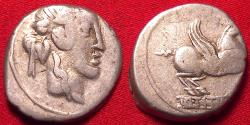 Ancient Coins - QUINTUS TITIUS AR silver denarius. Bust of Young Bacchus, Pegasus springing from tablet.