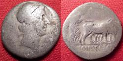 Ancient Coins - OCTAVIAN AR silver denarius. Actian Apollo, Octavian founding Nicopolis, plowing with oxen