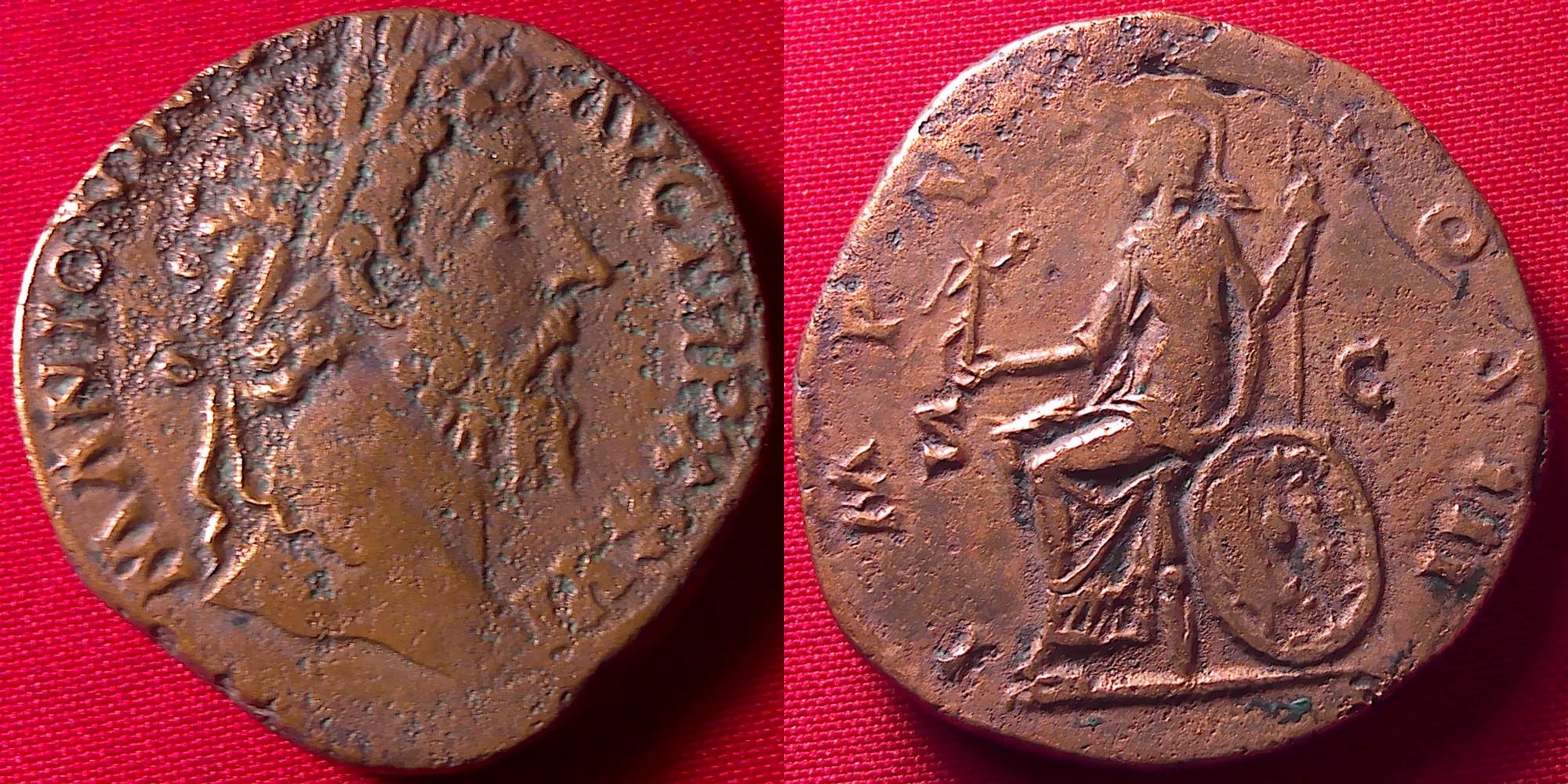 MARCUS AURELIUS AE sestertius. Roma seated on shield, holding Victory