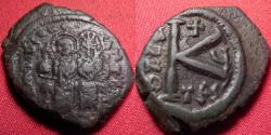 Ancient Coins - TIBERIUS II CONSTANTINE & EMPRESS ANASTASIA, AE half follis. Thessalonika. Final year (582 AD)