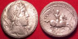 Ancient Coins - P CREPUSIUS AR silver denarius. 82 BC. Horseman riding right, brandishing spear.