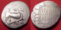 Ancient Coins - Illyria, Dyrrhachium AR silver drachm. Magistrates Zenon & Purbas. Cow suckling calf / Square with double stellate