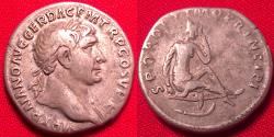 Ancient Coins - TRAJAN AR silver denarius. Trajan defeats Decebalus! Captive seated, curved sword below
