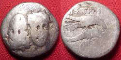 Ancient Coins - ISTROS, Moesia AR silver drachm. Solar eclipse. 4th-3rd century BC. Twin male heads, one inverted. Sea eagle grasping dolphin, facing RIGHT.