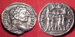 Ancient Coins - CONSTANTIUS I CHLORUS AR silver argenteus. Treveri. VIRTVS MILITVM, tetrarchs sacrificing over altar, before city gates.