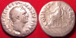 Ancient Coins - VESPASIAN AR silver denarius. Pax seated left. 'First year' type, Vitellius style portrait.