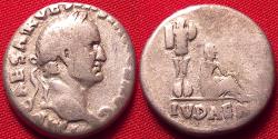 Ancient Coins - VESPASIAN AR silver denarius. Captive beneath trophy of arms. Judaea Capta.