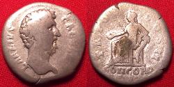 Ancient Coins - AELIUS, as Caesar, AR silver denarius. Concord seated left, holding patera, leaning on a cornucopia.