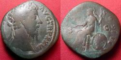 Ancient Coins - MARCUS AURELIUS AE sestertius. Roma seated, holding Victory & spear.