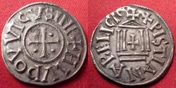 Ancient Coins - EMPEROR LOUIS I THE PIOUS AR silver denier. Son and heir of Charlemagne. Carolingian Empire. Christian temple / cross pattee. 822-840 AD.