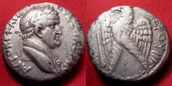 Ancient Coins - VESPASIAN AR silver tetradrachm. Eagle on palm branch. Caesarea Maritima, Judaea, struck in the immediate aftermath of the Judea Capta. Rare