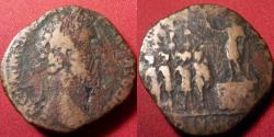 Ancient Coins - COMMODUS AE sestertius. Rome mint, 186 AD. Commodus on platform, haranguing five soldiers below. RARE.