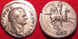 Ancient Coins - DOMITIAN, as Caesar, AR silver denarius. Prancing horseman right, hand raised.