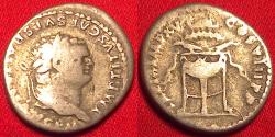 Ancient Coins - TITUS AUGUSTUS AR silver denarius. Tripod with two ravens and dolphin atop.