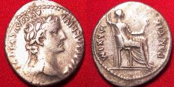 Ancient Coins - TIBERIUS AR silver denarius. PONTIF MAXIM, Livia, as Pax, seated right