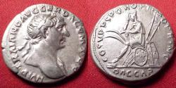 Ancient Coins - TRAJAN AR silver denarius. Dacian captive seated left, on trophy of arms.