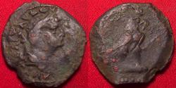 Ancient Coins - DOMITIAN AE obol. Alexandria. Hawk wearing skhent crown. Very scarce.