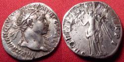 Ancient Coins - TRAJAN AR silver denarius. Victoria standing, holding wreath & palm