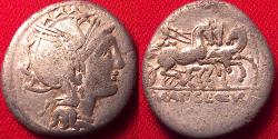 Ancient Coins - MANLIUS, CLAUDIUS & URBINUS AR silver denarius. 111-110 BC. Victory in triga.
