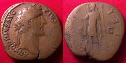 Ancient Coins - ANTONINUS PIUS AE sestertius. COS IIII, Antoninus with radiate nimbus, holding branch & spear.