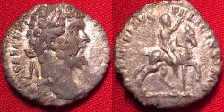 Ancient Coins - SEPTIMIUS SEVERUS AR silver denarius. ADVENTUI AUG FELICISSIMO, Severus on horseback. Scarce