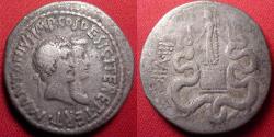 Ancient Coins - MARCUS ANTONIUS (Marc Antony) & OCTAVIA AR silver cistophorus (cistophoric tetradrachm). Cojoined portraits, Bacchus (Dionysus) standing on cista mystica.