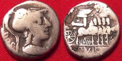 Ancient Coins - L RUBRIUS DOSSENUS AR silver denarius. 87 BC. Helmeted Minerva / Triumphal chariot