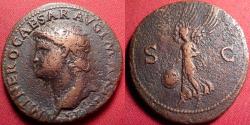 Ancient Coins - NERO AE as. Lugdunum mint. Victoria advancing, carrying inscribed shield. Left facing portrait.