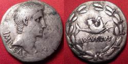 Ancient Coins - AUGUSTUS AR silver cistophorus. Mysia, Pergamum. Capricorn with cornucopia, within wreath