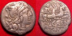 Ancient Coins - C RENIUS AR silver denarius. Juno in biga of goats, helmeted bust of Roma. 138 BC.